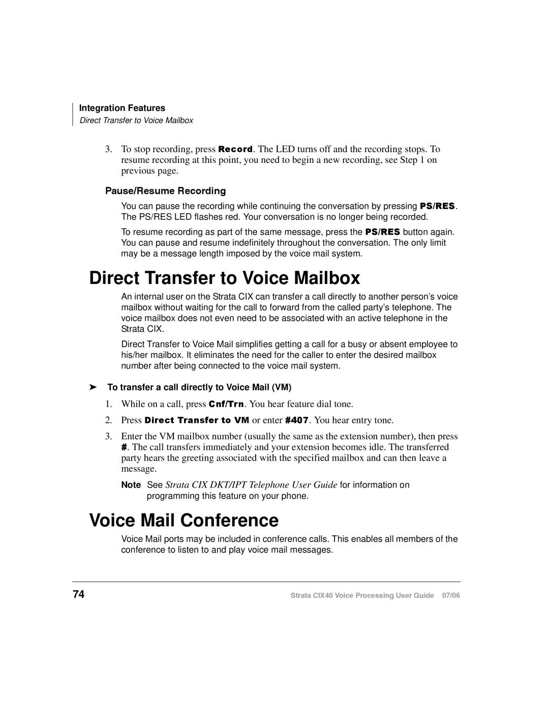 Toshiba CIX40 manual Direct Transfer to Voice Mailbox, Voice Mail Conference 