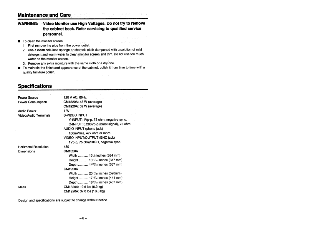 Toshiba CM1920A, CM1320A manual 