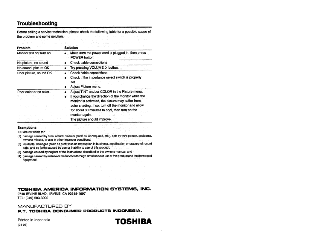 Toshiba CM1920A, CM1320A manual 