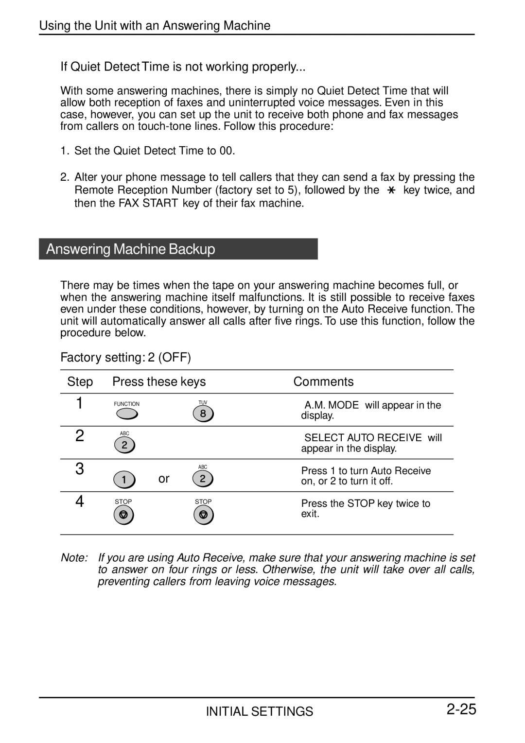 Toshiba Copier manual Answering Machine Backup, If Quiet Detect Time is not working properly 