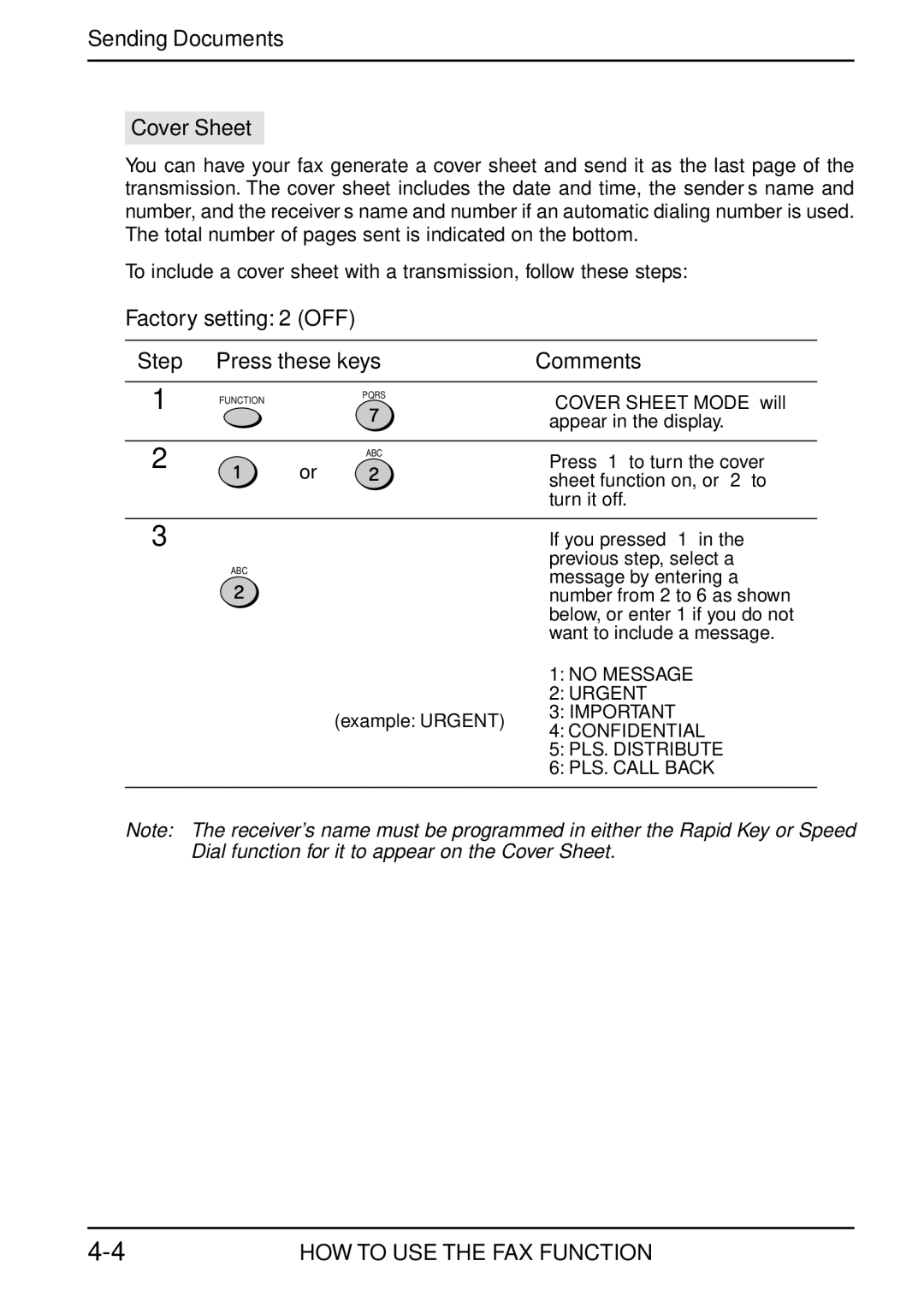 Toshiba Copier manual Cover Sheet, Step Press these keys Comments 