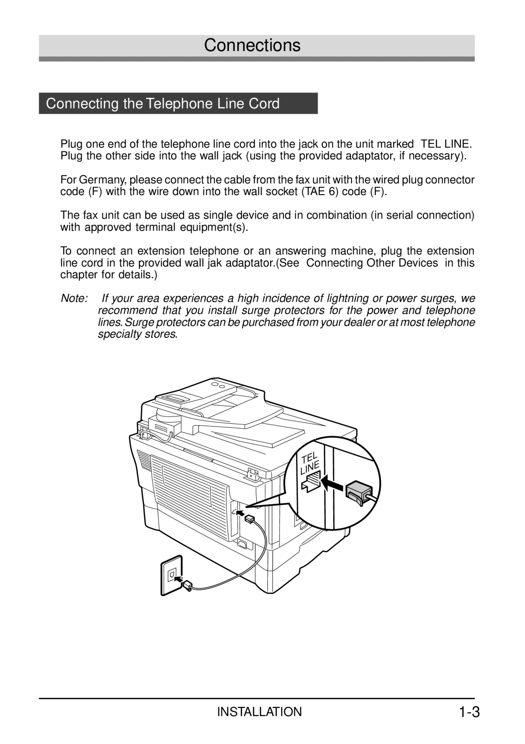 Toshiba Copier manual Connections, Connecting the Telephone Line Cord 