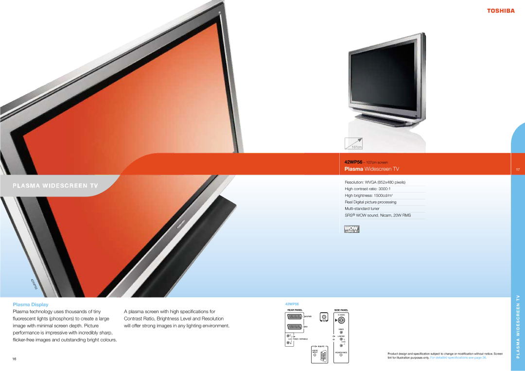 Toshiba CPBRO2005Eu brochure Plasma Widescreen TV, Plasma Display, 42WP56 