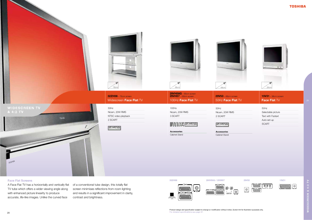 Toshiba CPBRO2005Eu brochure Widescreen TV & 43 TV, Widescreen Face Flat TV, 100Hz Face Flat TV, 50Hz Face Flat TV 