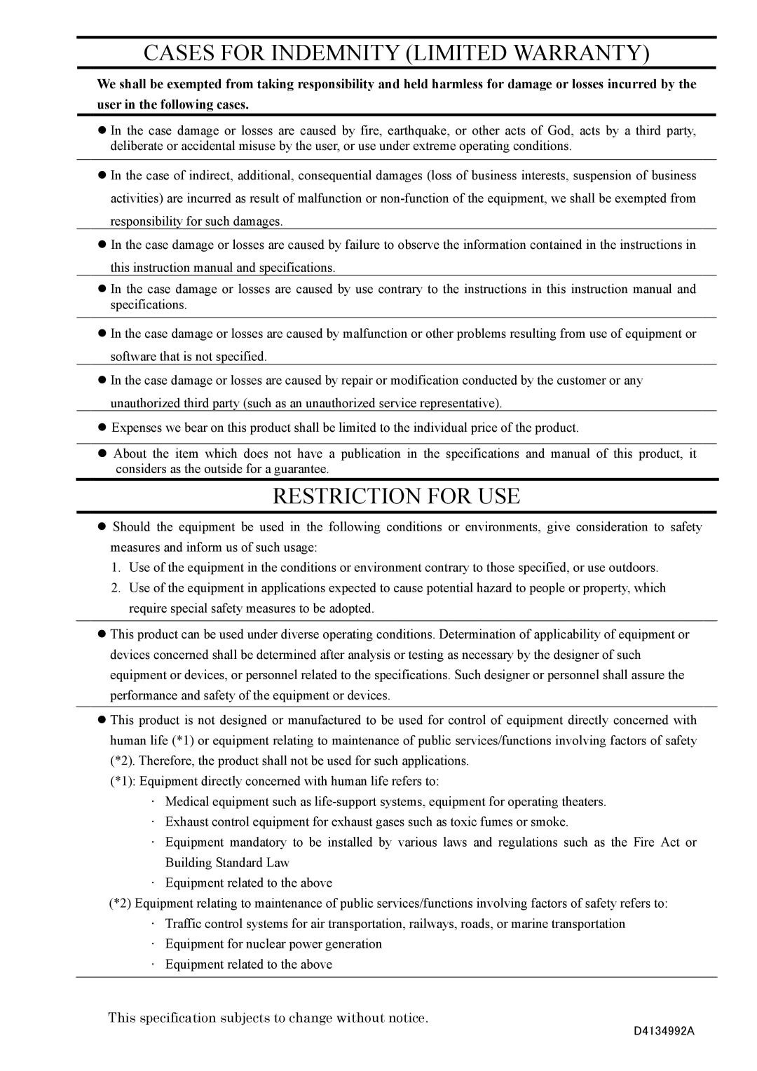 Toshiba CS3330BLI, CS3330BI specifications Cases for Indemnity Limited Warranty 