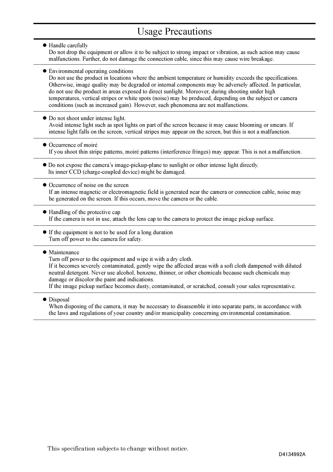 Toshiba CS3330BI, CS3330BLI specifications Usage Precautions 