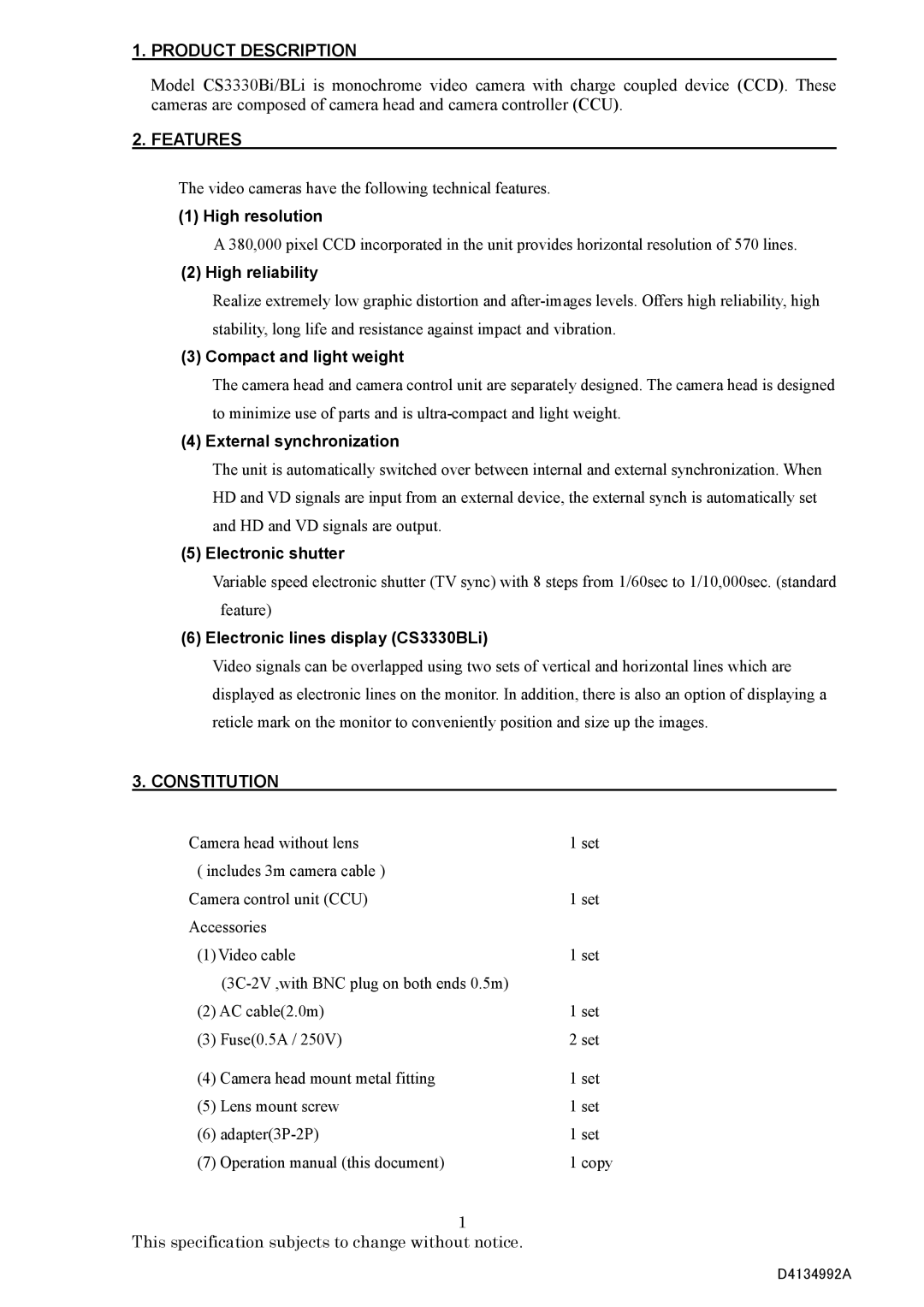 Toshiba CS3330BLI, CS3330BI specifications Product Description, Features 