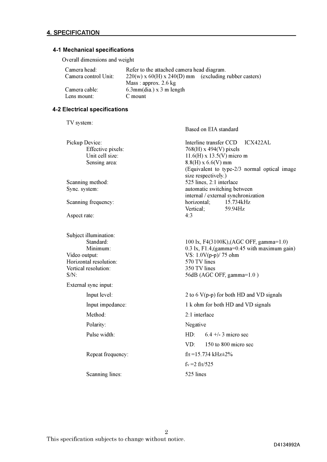 Toshiba CS3330BI, CS3330BLI specifications Specification 