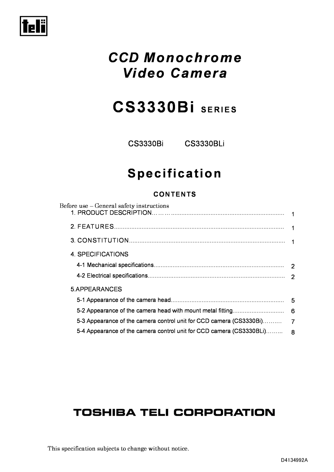 Toshiba CS3330BLI specifications CS3330Bi, CS3330BLi, Product Description ………, Features, Constitution, Specifications 