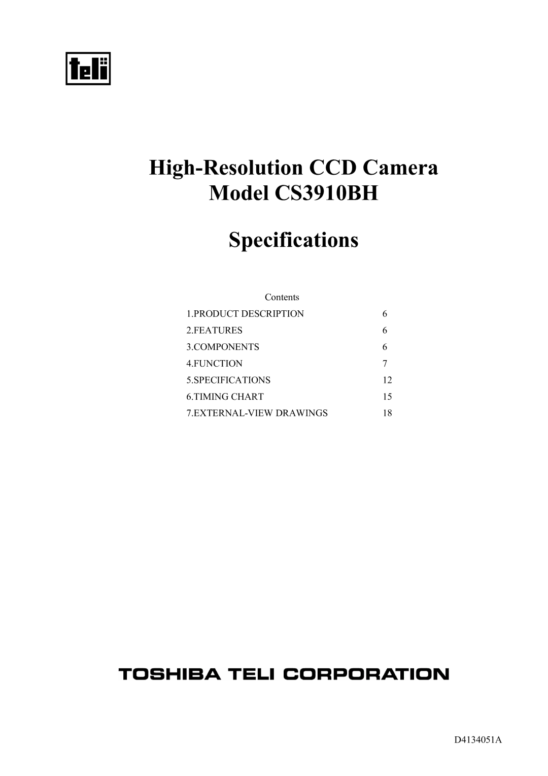 Toshiba specifications High-Resolution CCD Camera Model CS3910BH Specifications 