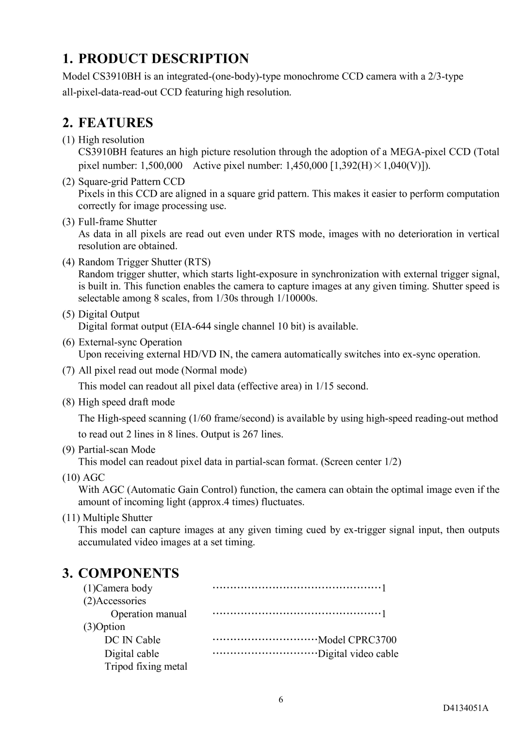 Toshiba CS3910BH specifications Product Description, Features, Components, Digital cable, Tripod fixing metal 