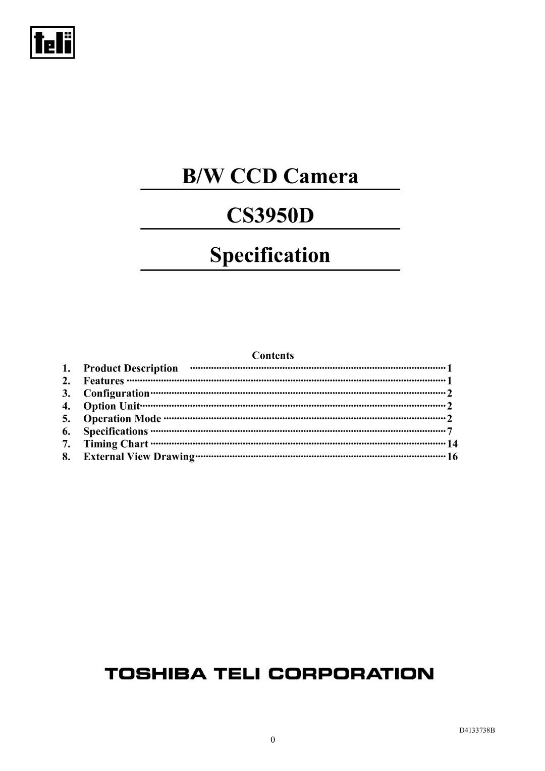 Toshiba specifications CCD Camera CS3950D Specification 