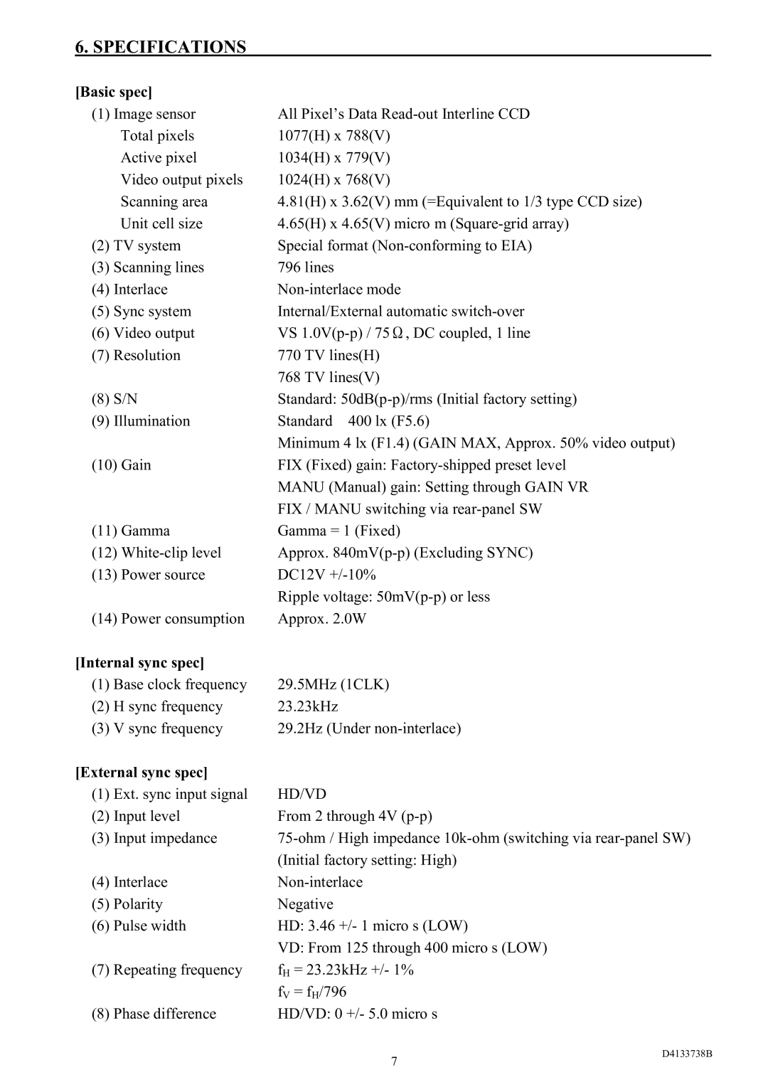 Toshiba CS3950D Specifications, Input level From 2 through 4V p-p Input impedance, Initial factory setting High 