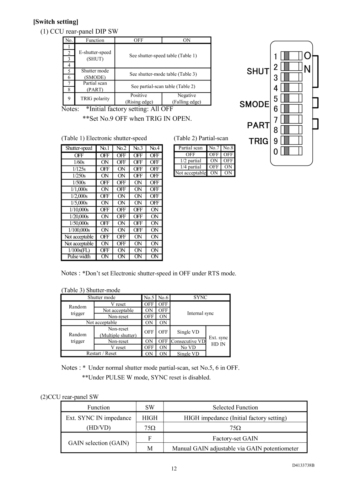 Toshiba CS3950D specifications Switch setting CCU rear-panel DIP SW, Set No.9 OFF when Trig in Open 