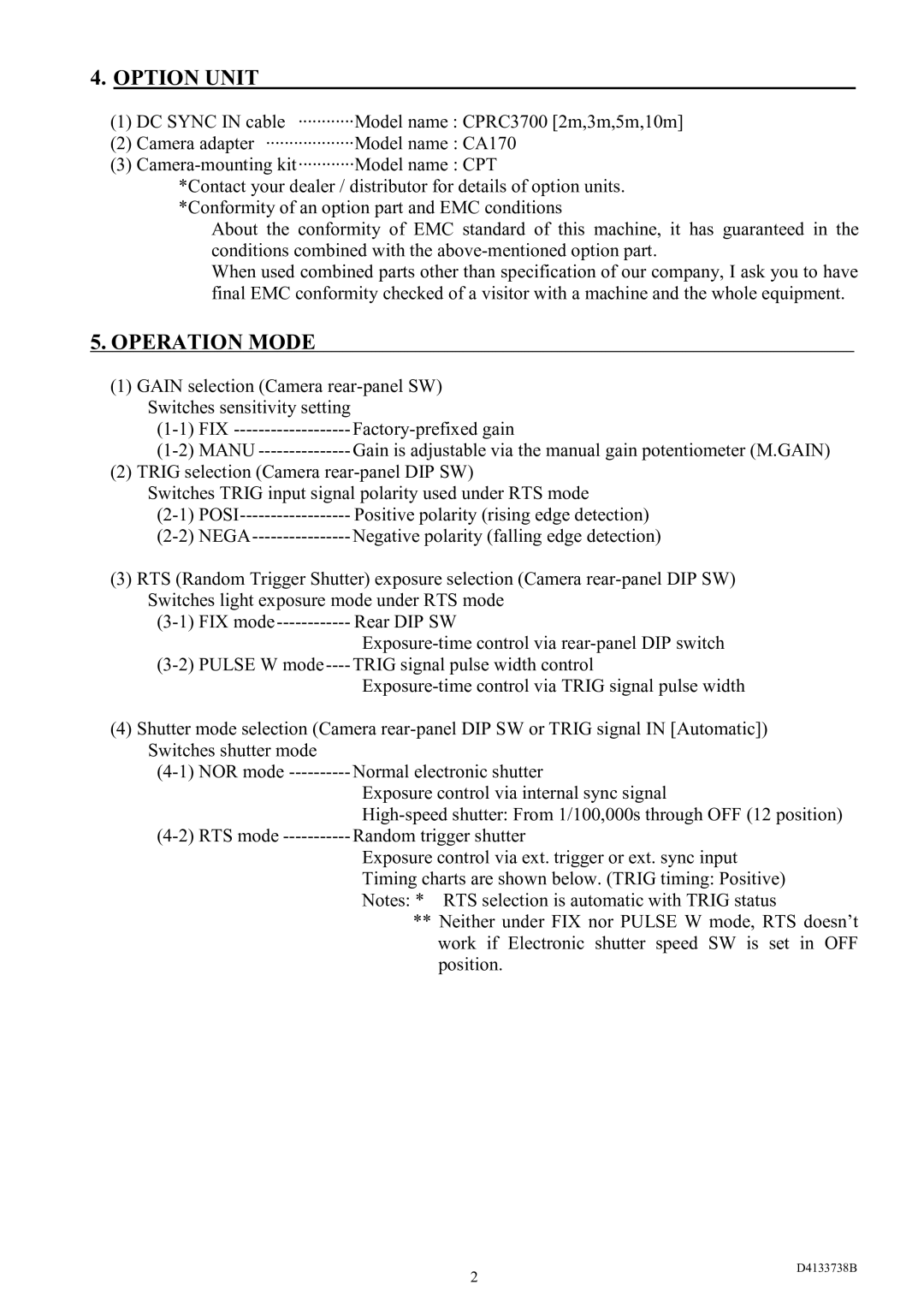 Toshiba CS3950D specifications Option Unit, Operation Mode, Nega 