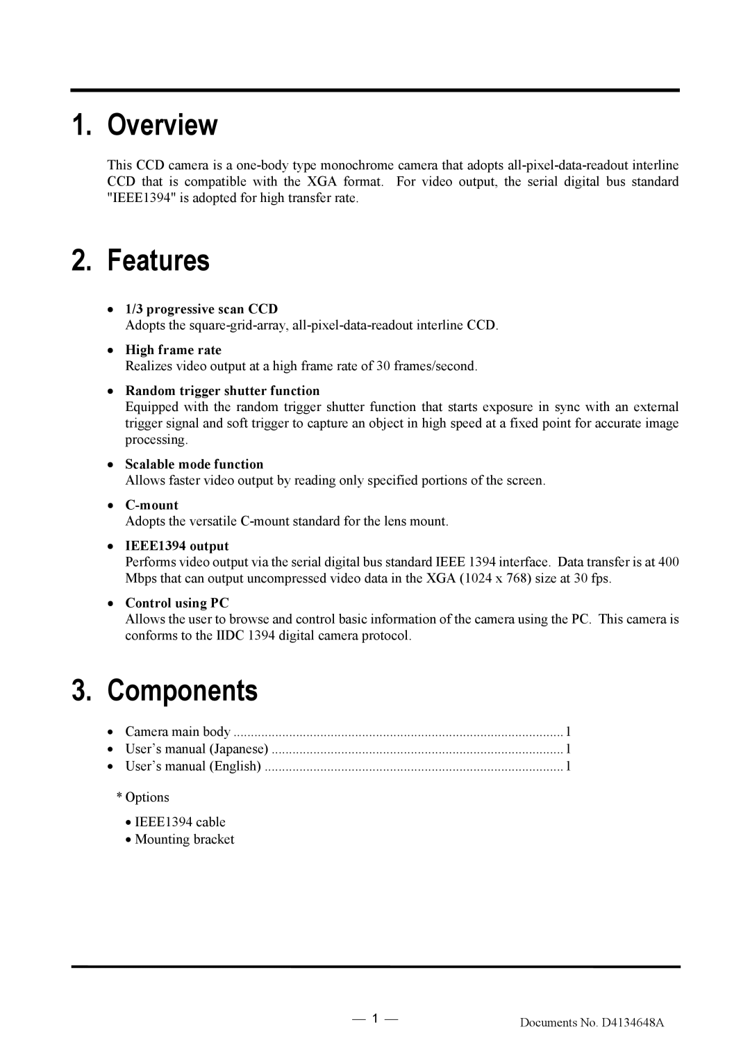 Toshiba CS3950DIF manual Overview, Features, Components, Options IEEE1394 cable Mounting bracket 