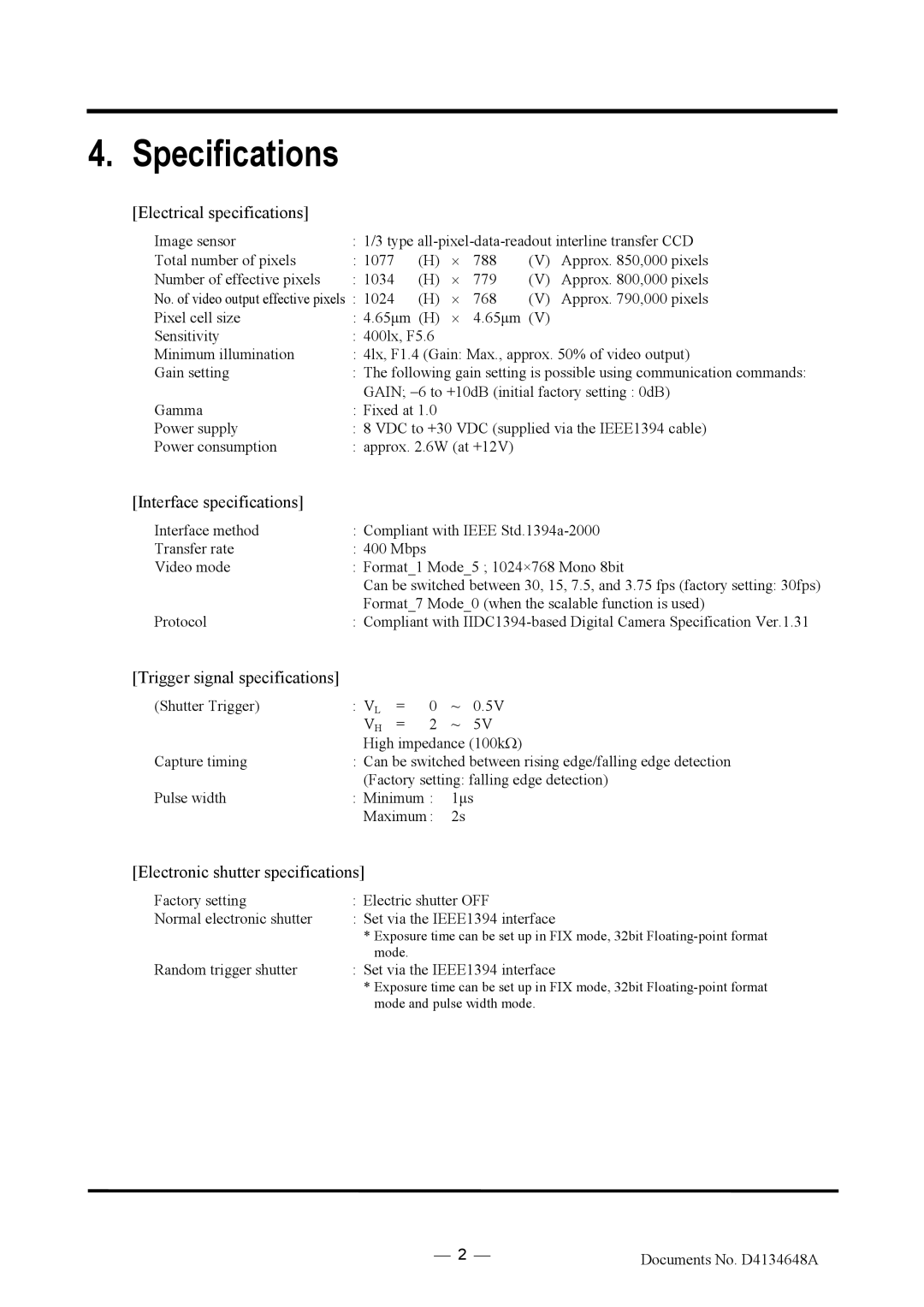 Toshiba CS3950DIF manual Specifications, Electrical specifications, Interface specifications, Trigger signal specifications 