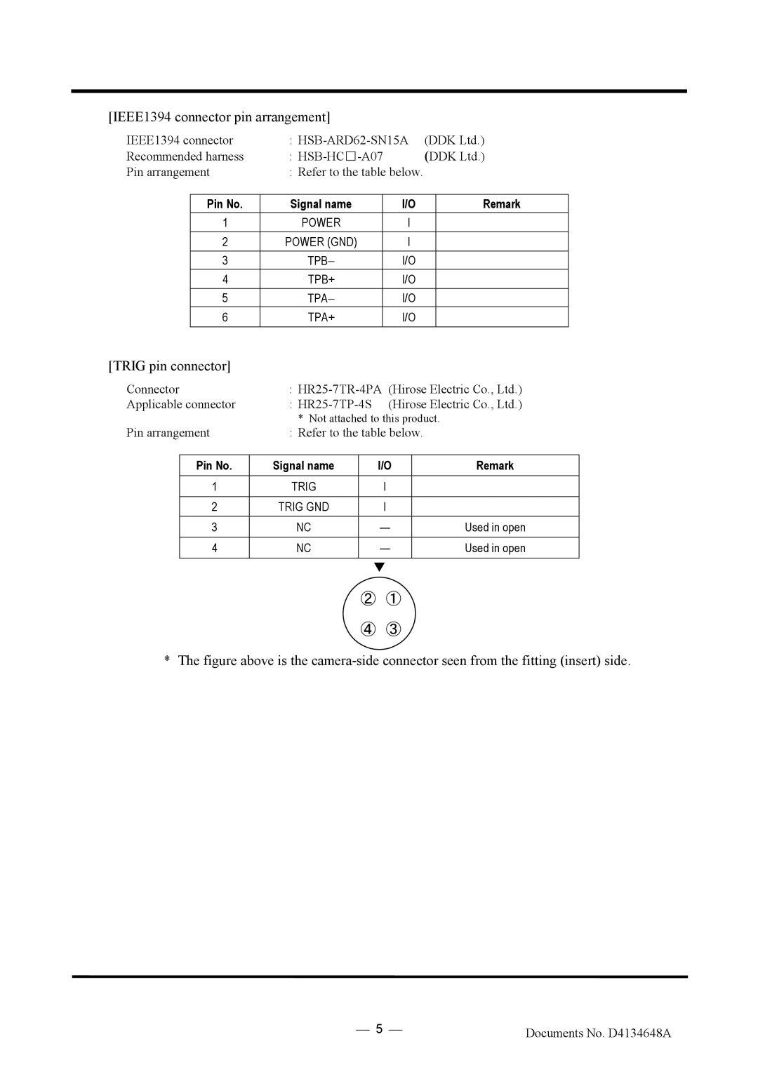 Toshiba CS3950DIF manual IEEE1394 connector pin arrangement, Trig pin connector 