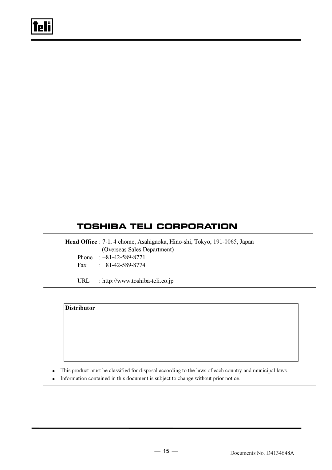 Toshiba CS3950DIF manual Documents No. D4134648A 