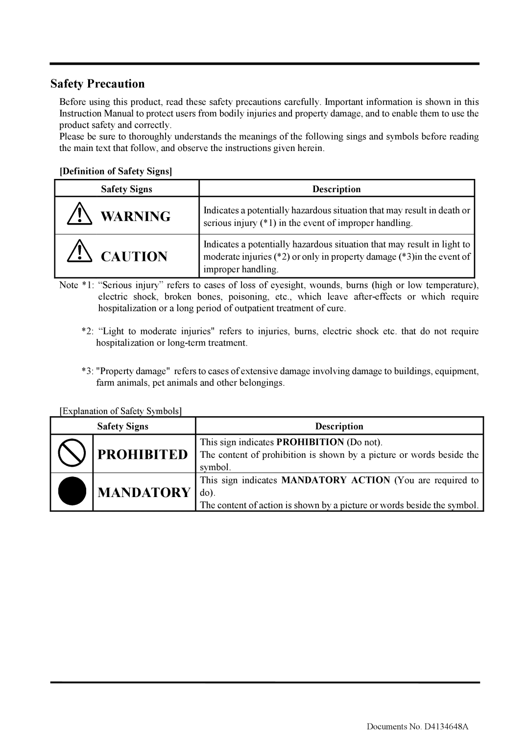 Toshiba CS3950DIF manual Serious injury *1 in the event of improper handling, Improper handling, Symbol 