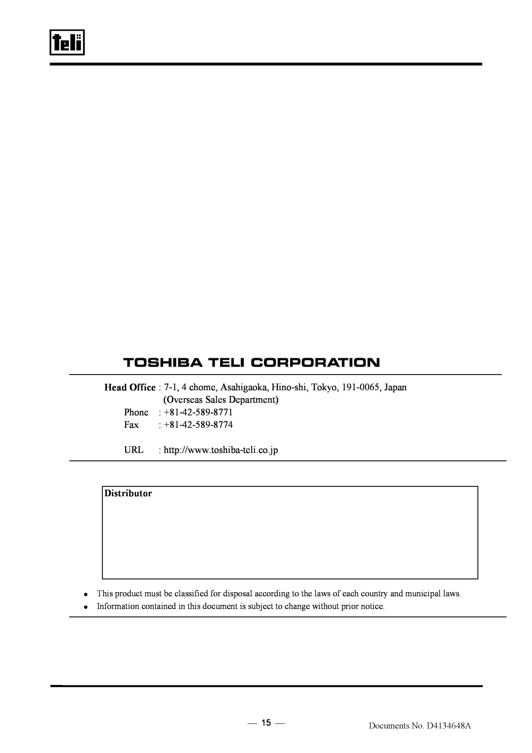 Toshiba CS3950DIF manual Phone +81-42-589-8771 Fax +81-42-589-8774, Distributor 