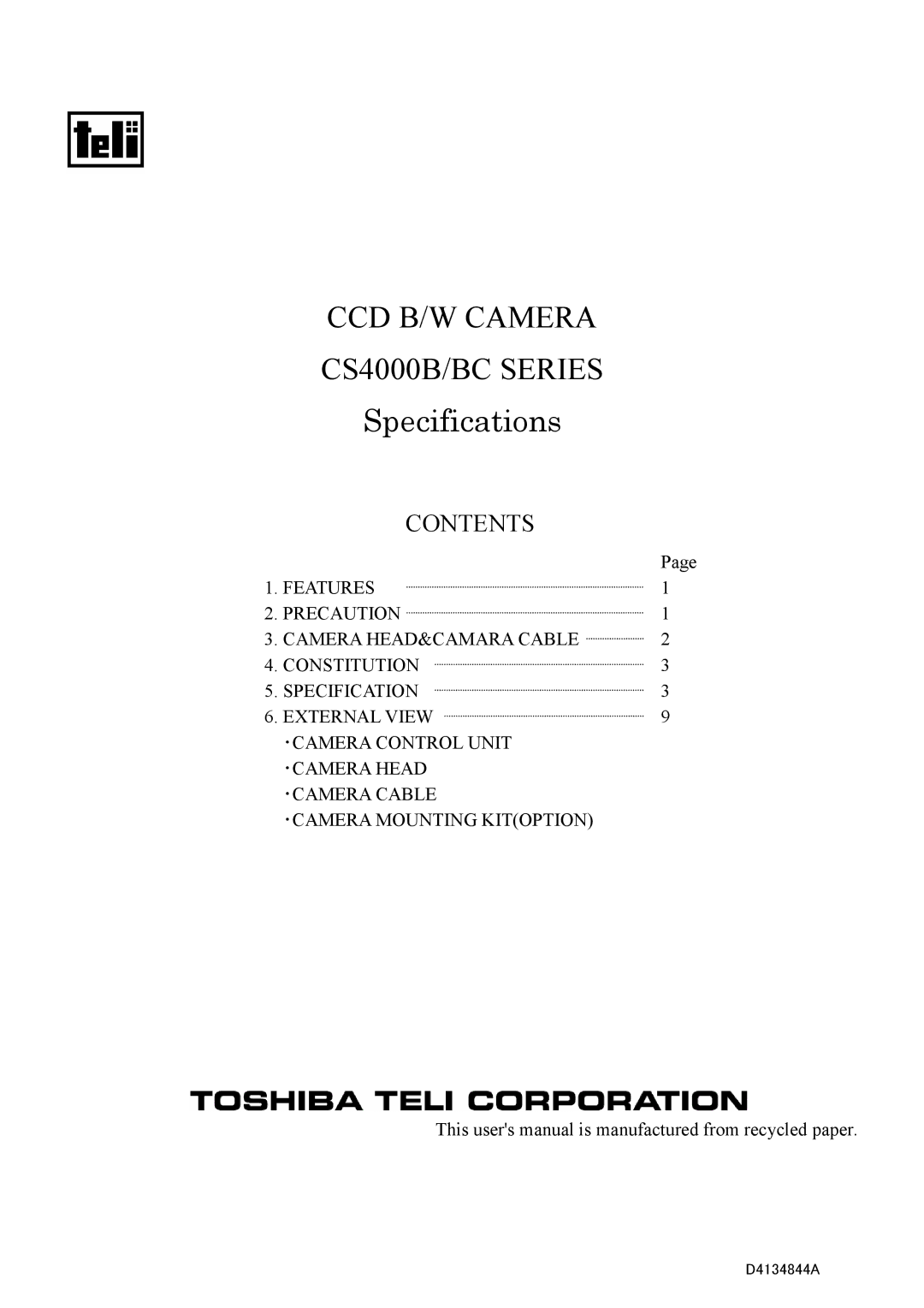 Toshiba CS4000BC Series, CS4000B Series specifications CCD B/W Camera CS4000B/BC Series, Contents 