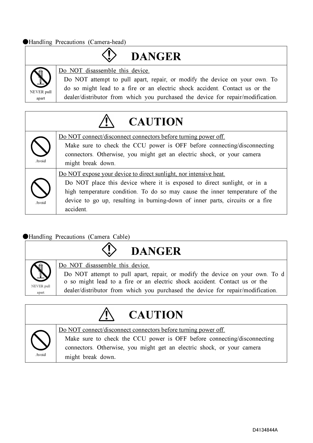 Toshiba CS4000B Series, CS4000BC Series specifications Handling Precautions Camera-head 