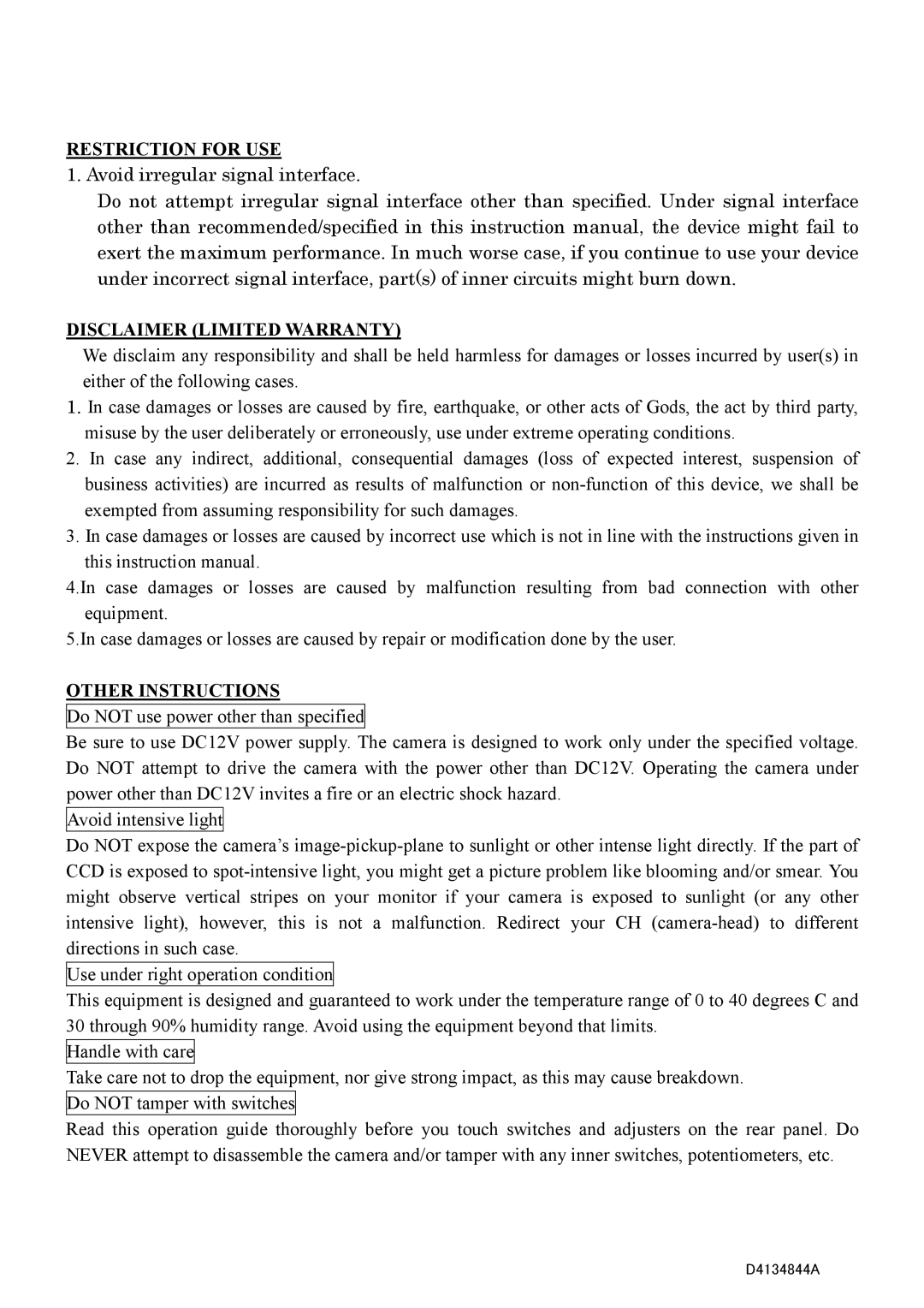 Toshiba CS4000BC Series, CS4000B Series specifications Restriction for USE, Disclaimer Limited Warranty, Other Instructions 