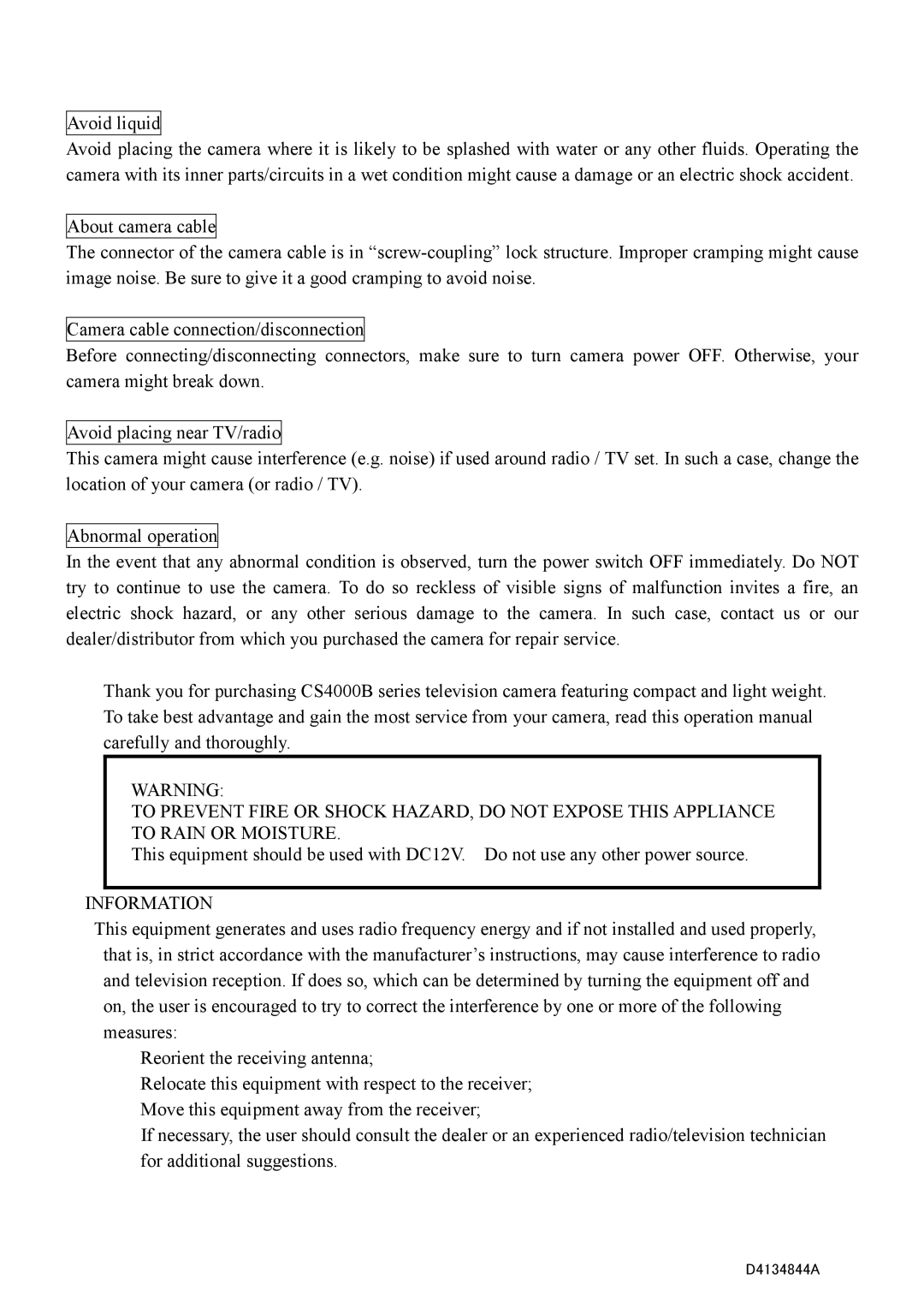 Toshiba CS4000B Series, CS4000BC Series specifications Avoid liquid, Information 