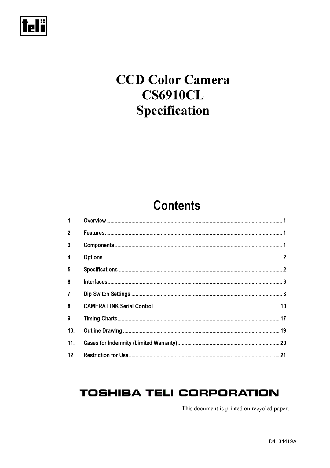 Toshiba specifications CCD Color Camera CS6910CL Specification Contents 