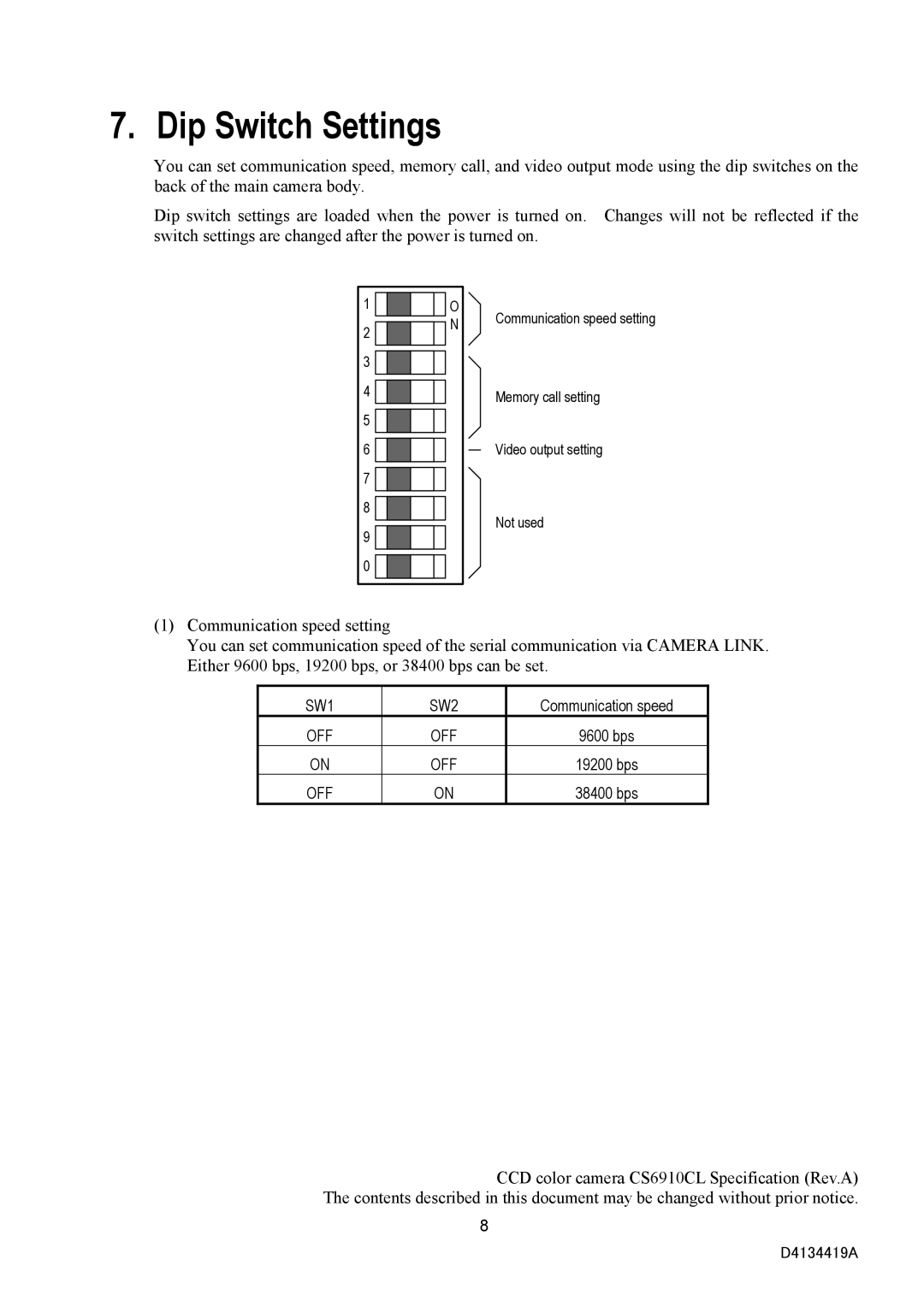 Toshiba CS6910CL specifications Dip Switch Settings 