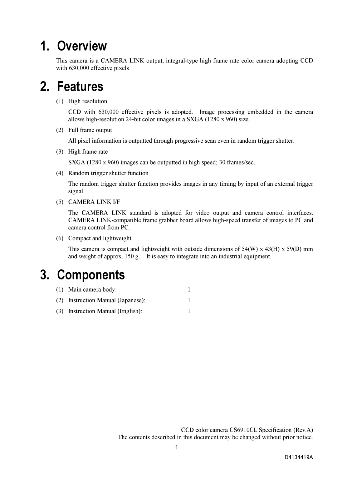 Toshiba CS6910CL specifications Overview, Features, Components, Camera Link I/F 