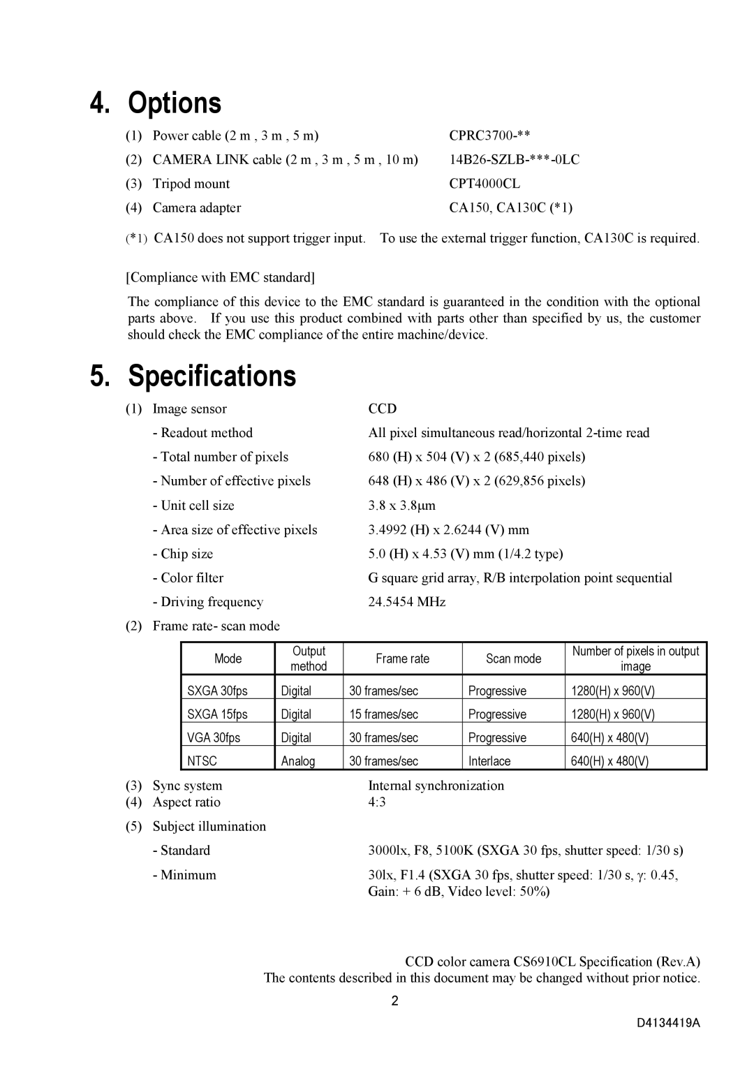 Toshiba CS6910CL specifications Options, Specifications, CPT4000CL, Ccd 