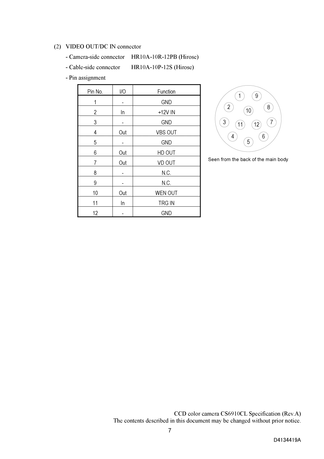 Toshiba CS6910CL specifications Video OUT/DC in connector, Cable-side connector HR10A-10P-12S Hirose Pin assignment 