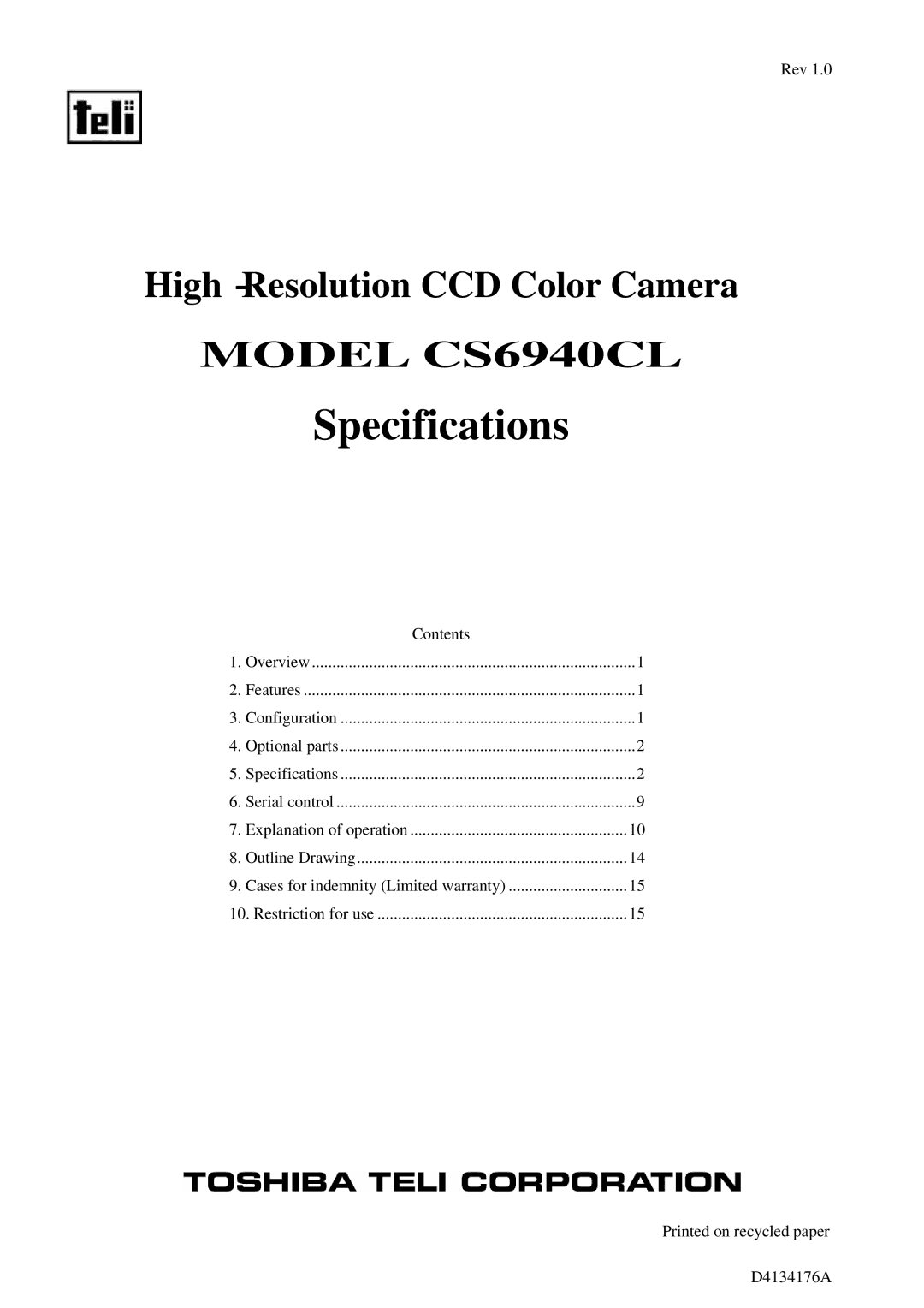 Toshiba CS6940CL specifications Specifications 