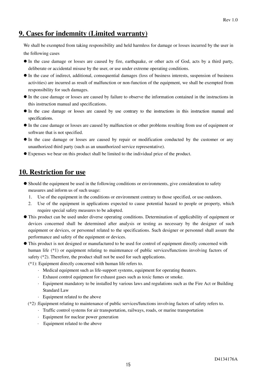 Toshiba CS6940CL specifications Cases for indemnity Limited warranty, Restriction for use 