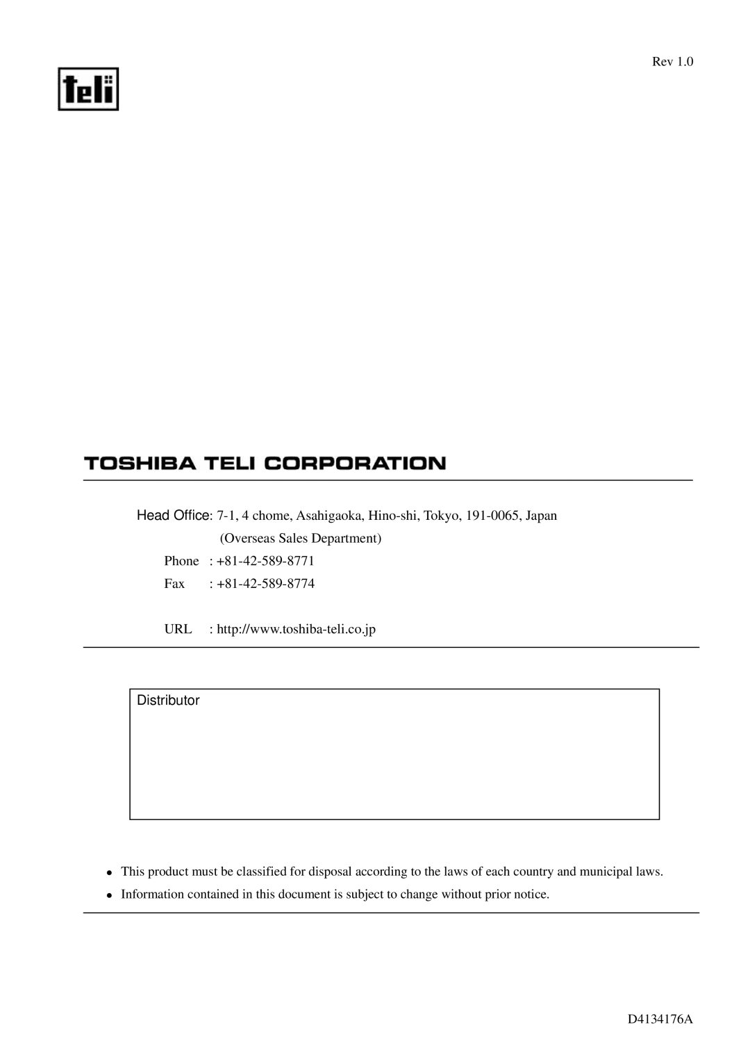 Toshiba CS6940CL specifications Distributor 