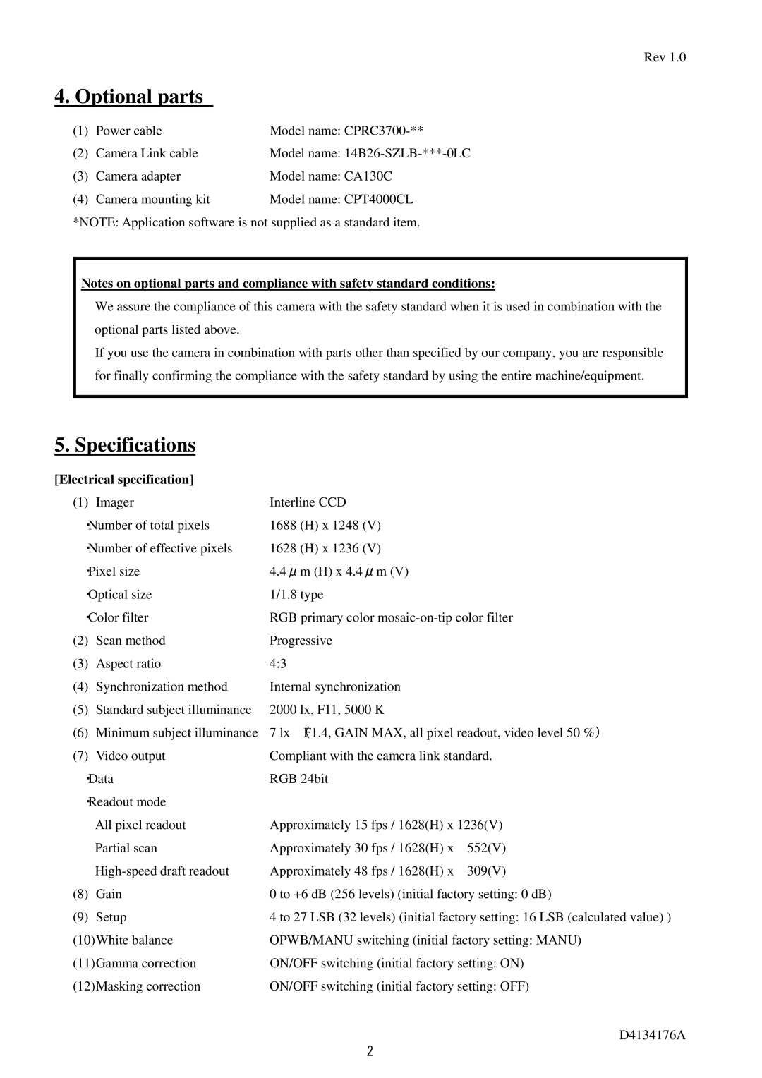 Toshiba CS6940CL specifications Optional parts, Specifications, Electrical specification 