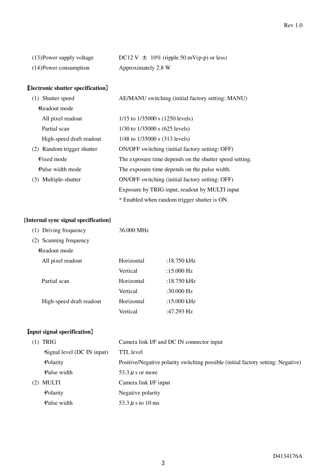 Toshiba CS6940CL ［Electronic shutter specification］, Internal sync signal specification, ［Input signal specification］ 