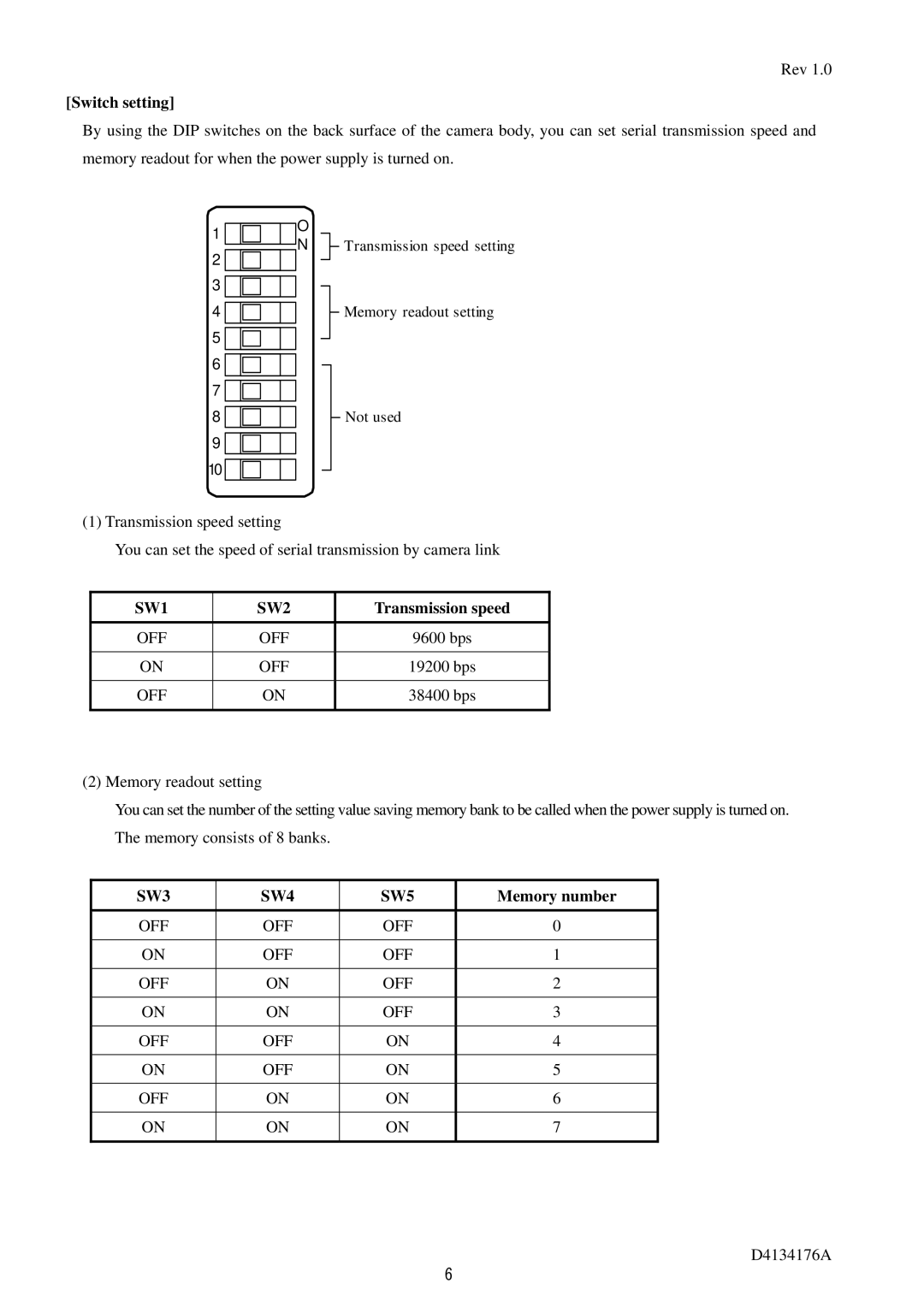 Toshiba CS6940CL specifications Switch setting, Transmission speed, Memory number 