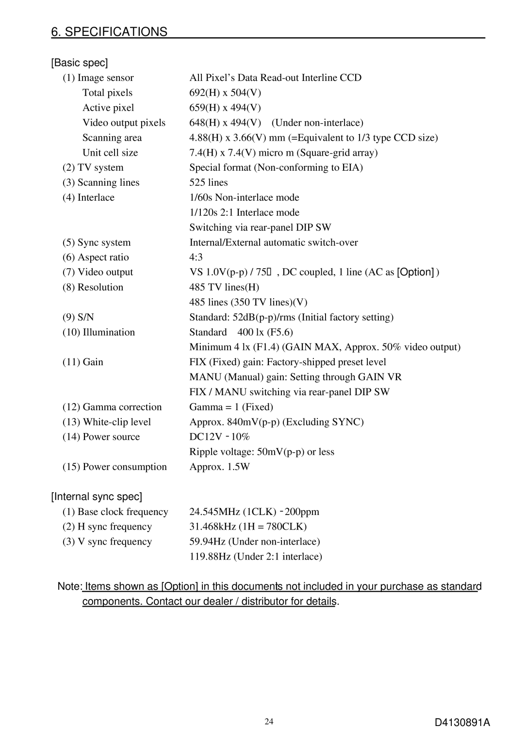 Toshiba CS8560D specifications Basic spec, Internal sync spec 