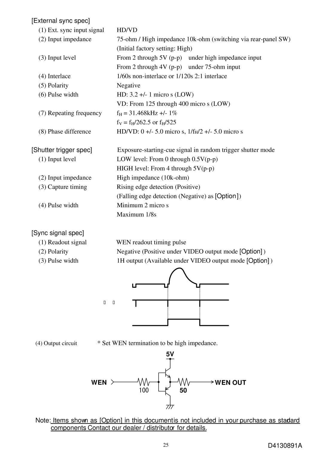 Toshiba CS8560D specifications External sync spec, Shutter trigger spec, Sync signal spec 