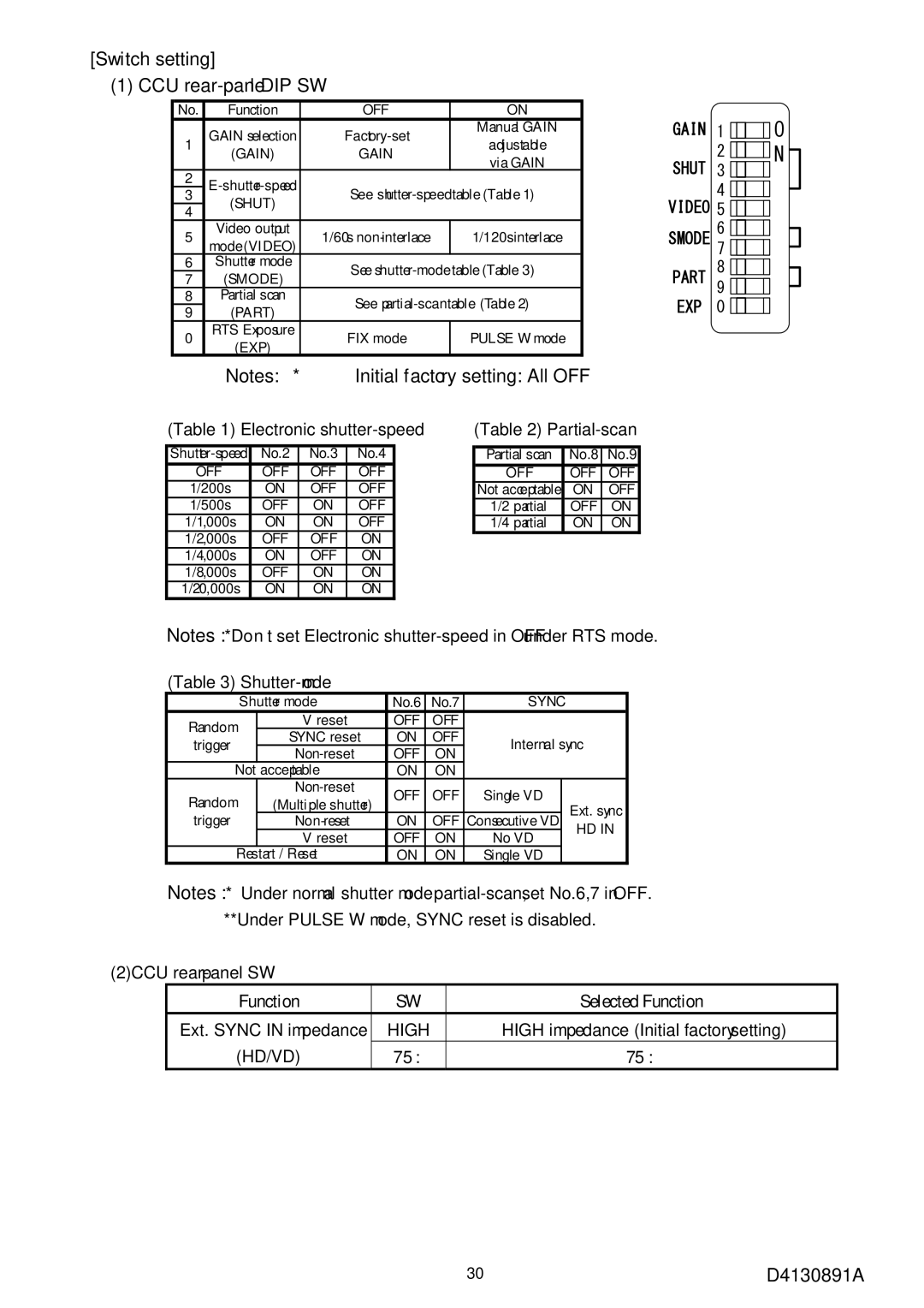 Toshiba CS8560D specifications Switch setting, CCU rear-panel DIP SW, Initial factory setting All OFF 