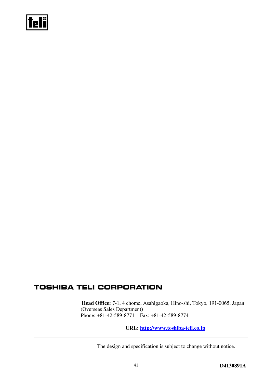 Toshiba CS8560D specifications 41D4130891A 