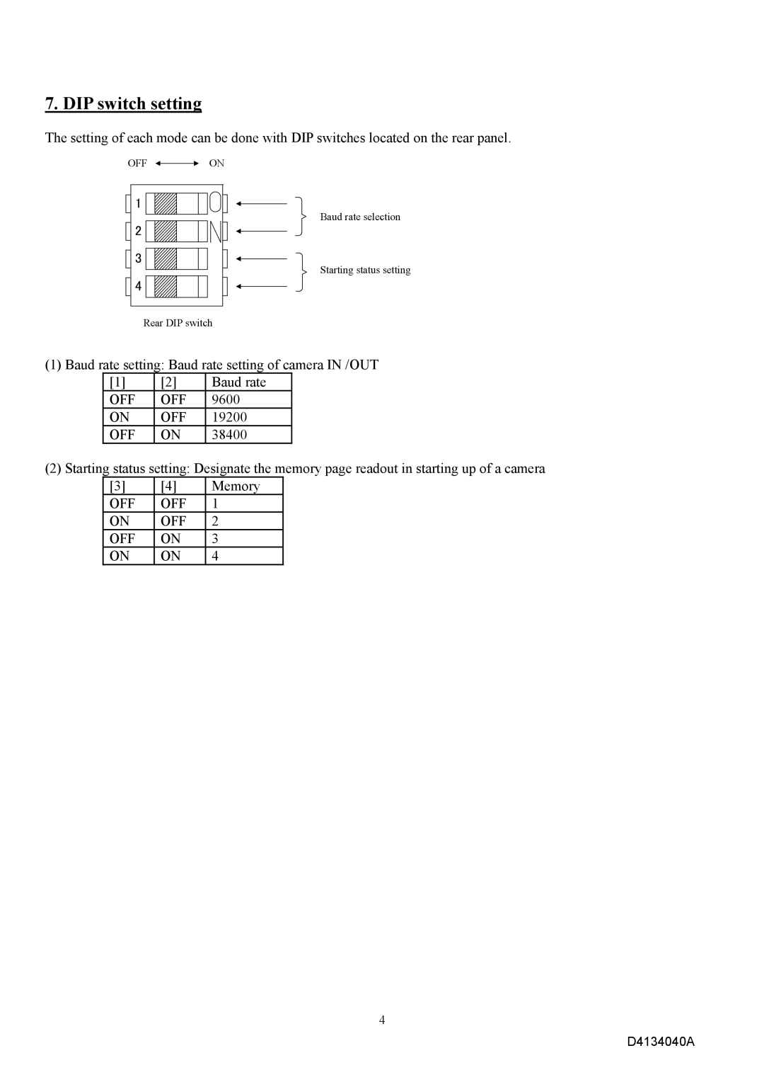 Toshiba CSB1100CL-10 specifications DIP switch setting 