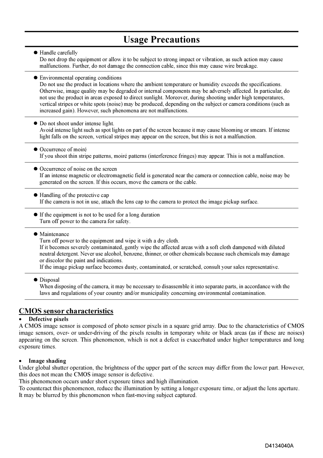 Toshiba CSB1100CL-10 specifications Usage Precautions, Cmos sensor characteristics 