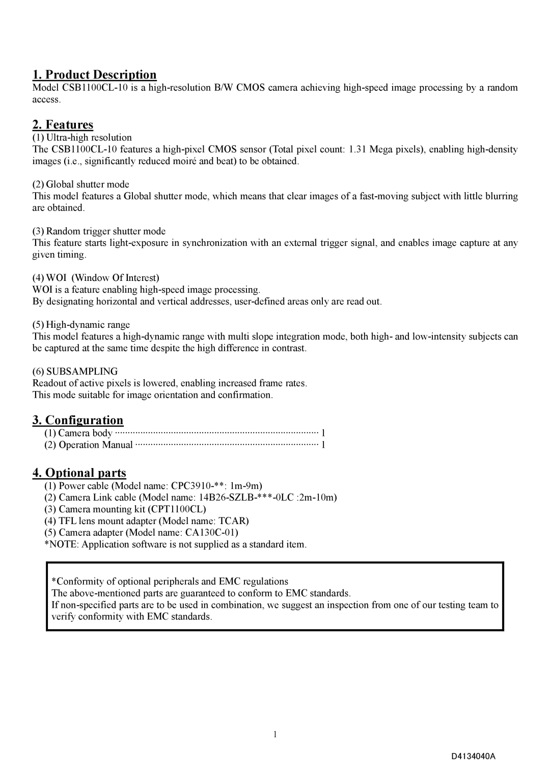 Toshiba CSB1100CL-10 specifications Product Description, Features, Configuration, Optional parts 