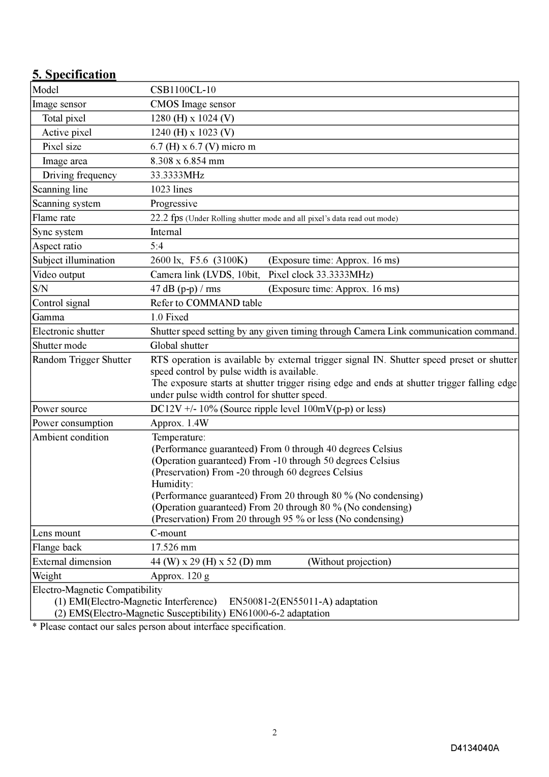 Toshiba CSB1100CL-10 specifications Specification, Shutter mode Global shutter 