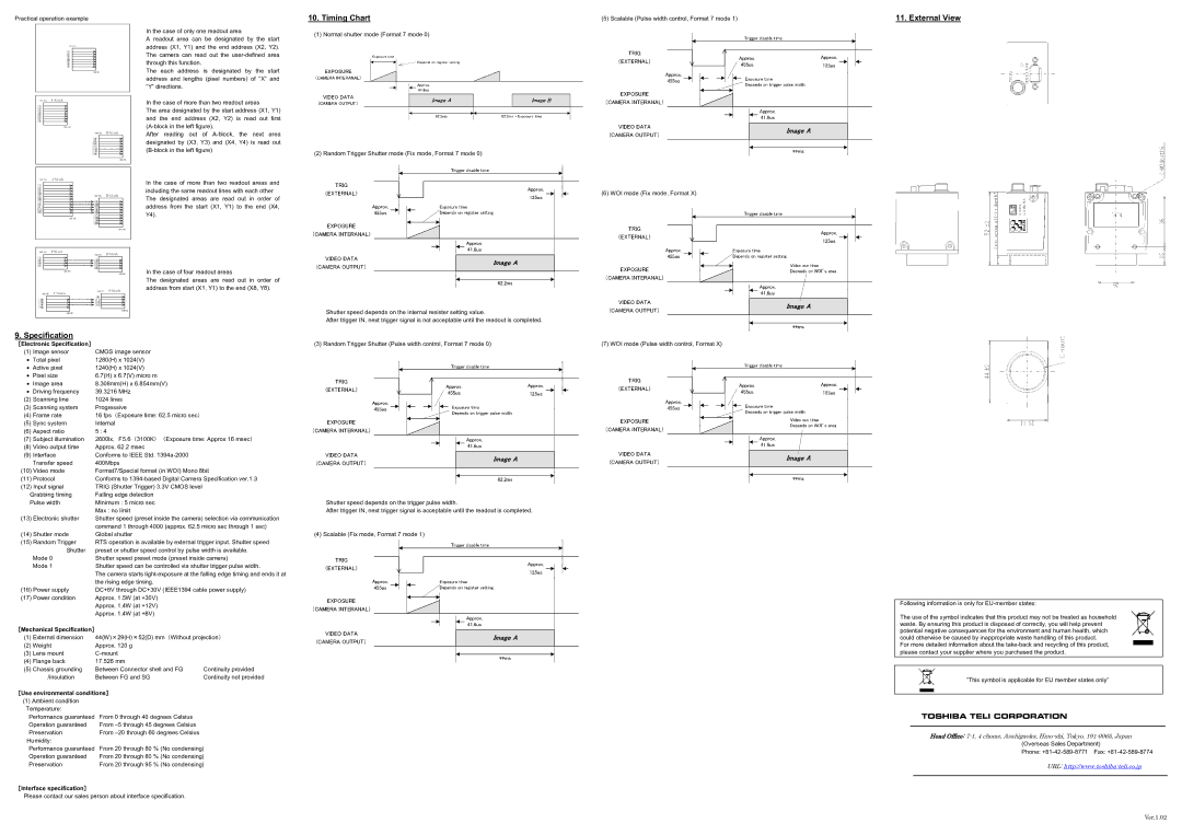 Toshiba CSB1100F warranty Timing Chart, External View Specification 