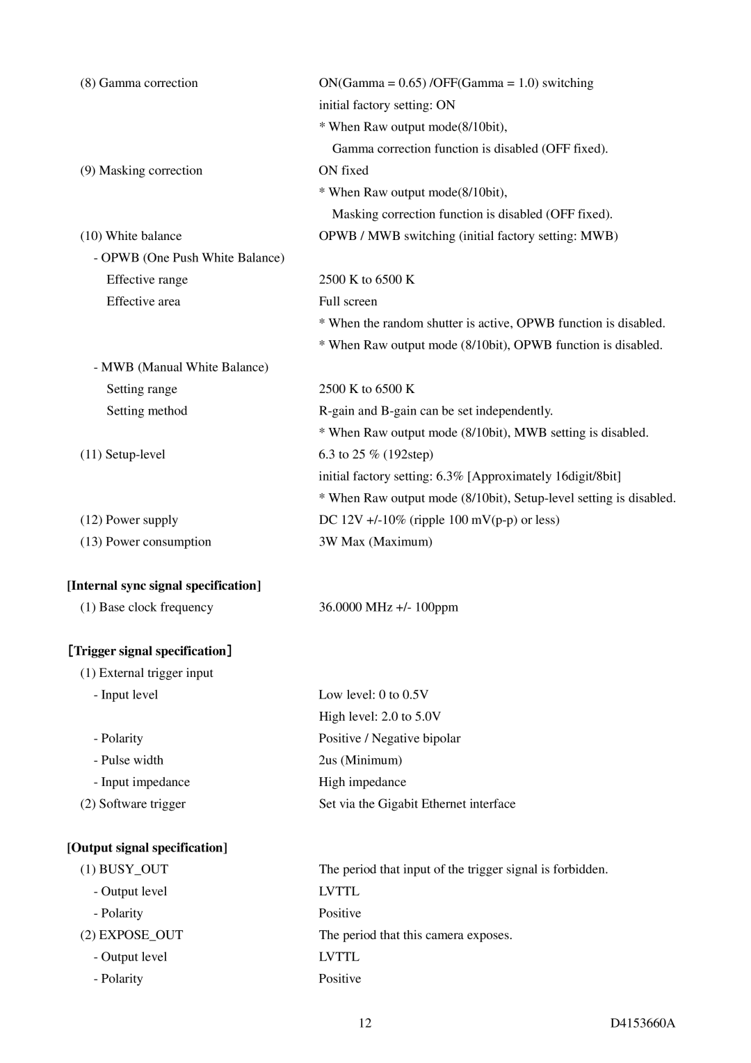 Toshiba CSGX36CC3 Internal sync signal specification, ［Trigger signal specification］, Output signal specification 